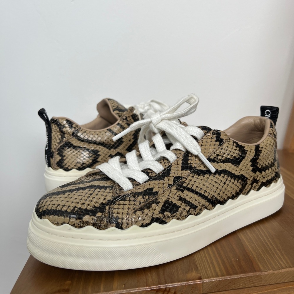 Chloe Lauren Snakeskin Embossed Leather Scalloped Low Top Sneakers Brown 38 - Picture 2 of 11